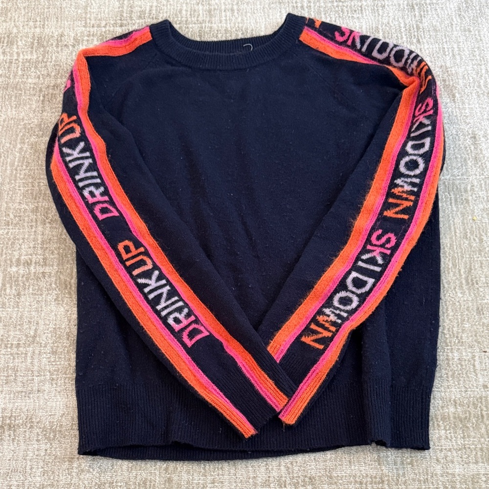 Navy cashmere Crewneck Sweater with Pink & Orange Sleeve Stripes